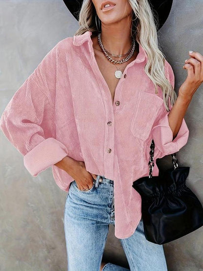 Blouse Tendance "Casual Chic" – Velours Côtelé, Manches Longues et Boutons.