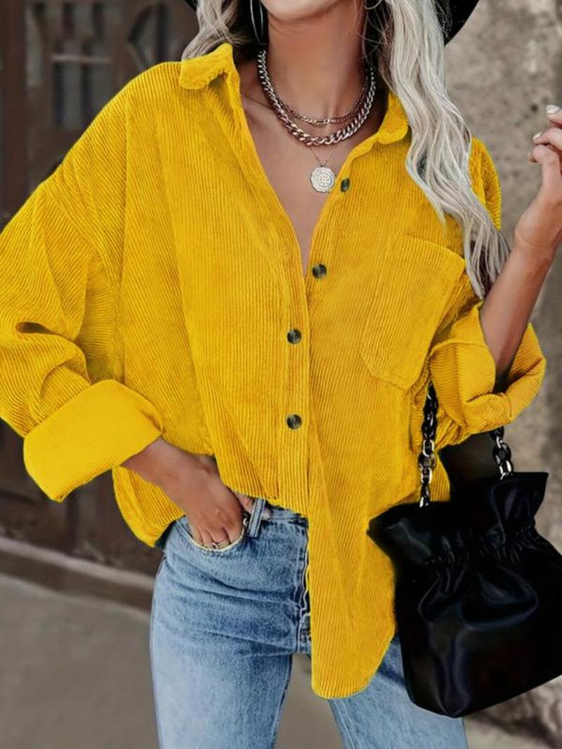 Blouse Tendance "Casual Chic" – Velours Côtelé, Manches Longues et Boutons.