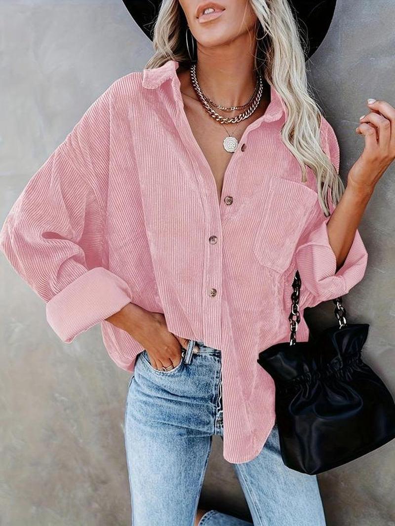Blouse Tendance "Casual Chic" – Velours Côtelé, Manches Longues et Boutons.